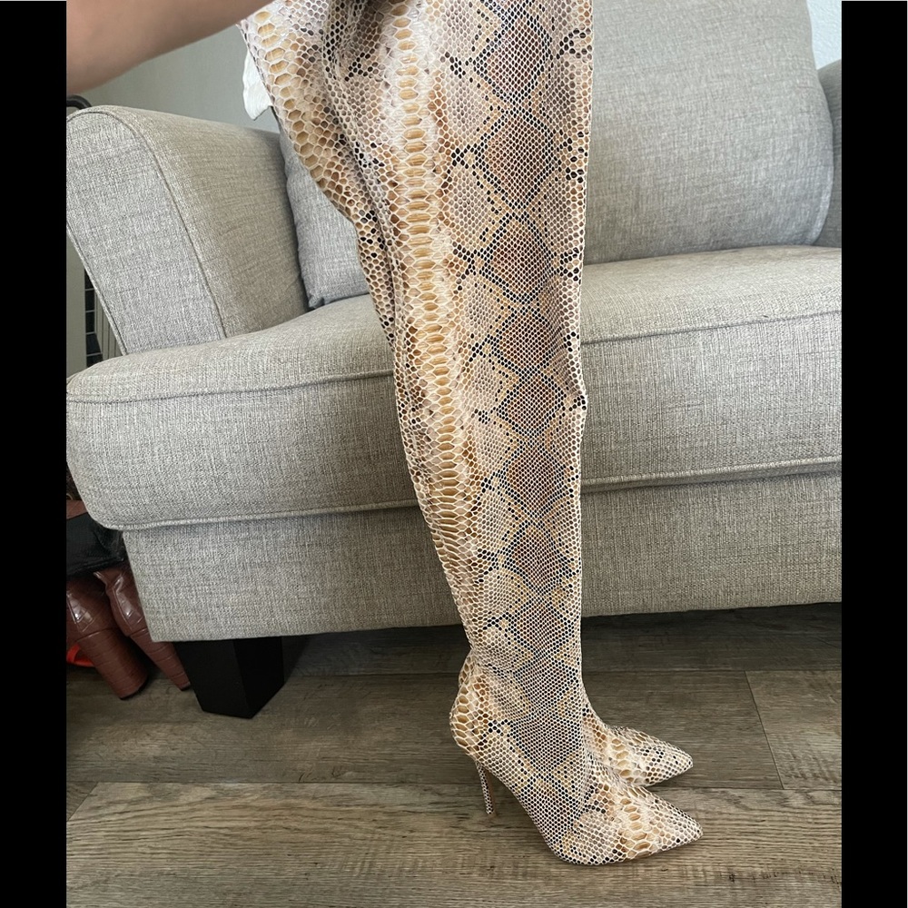 Snake Print Thigh High Heeled Boots